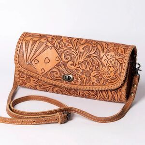 American Darling Hand Tooled Leather Western Wallet Bag Floral Cards Dice Crossb